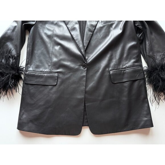 LAMARQUE Galia Black Faux Leather Feather Trim Oversized Blazer, Size XS/S - Picture 10 of 13